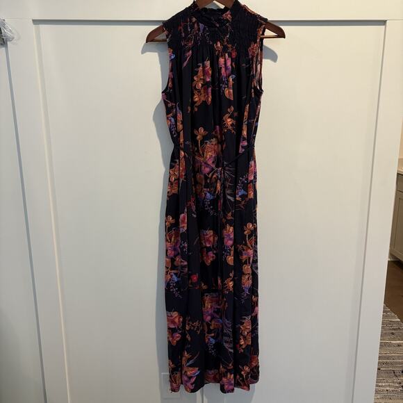 Bloomcore Maxi Long Dress Women Large Navy Floral Sleeveless Smocked Pockets - Picture 1 of 13